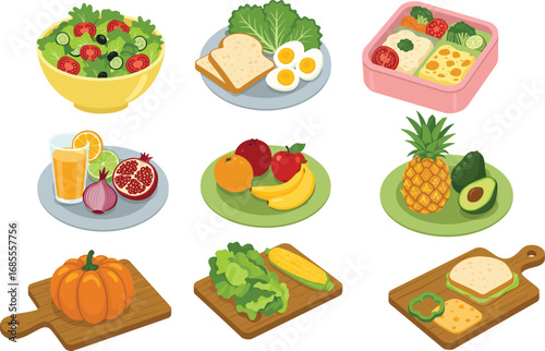 Healthy food illustration with fruits, vegetables, salad, bread, eggs, juice, sandwich, pumpkin, corn, avocado, pineapple, bento box, nutritious meal vector