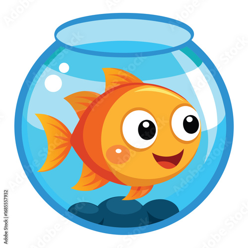 A cute cartoon goldfish swims in a glass bowl filled with water and bubbles