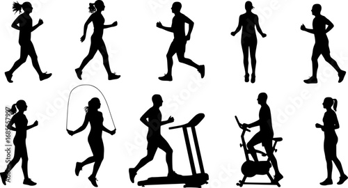 Silhouette illustrations of people exercising with jump ropes running on a treadmill and using exercise bike | editable eps vectors
