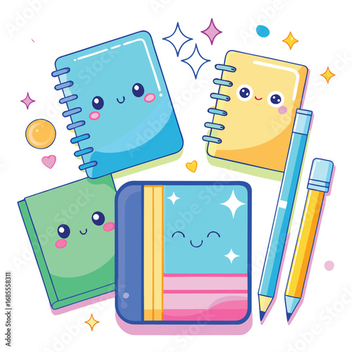 Colorful school stationery set with pencils pens notebook and art supplies