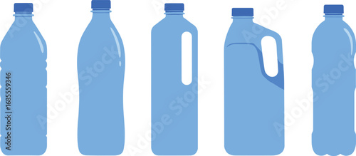 Vector illustration of multiple plastic water bottles, different blue shapes and packaging designs, beverage containers, eco friendly hydration storage, recycling and drinking concept