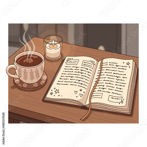 Cozy scene of an open journal, steaming cup of coffee, and a candle on a wooden table.