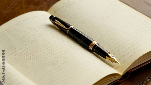 A fountain pen lies atop an open leather notebook, bathed in gentle natural light from the side.
