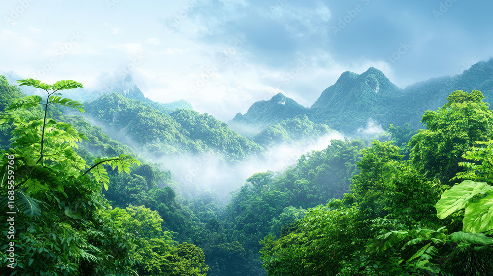 Obraz premium Lush green mountains and dense forest with mist creating serene atmosphere in nature