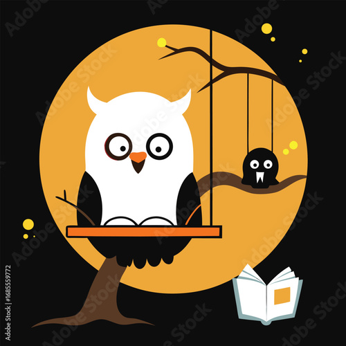 Owl sitting on a tree branch at night cartoon illustration