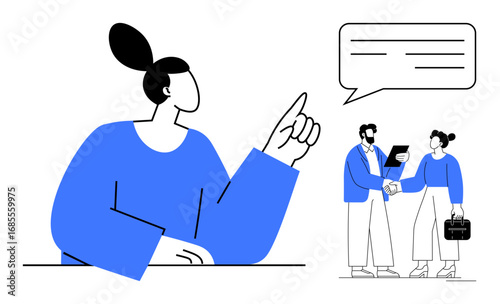 Professional woman raising index finger, speech bubble above. Two individuals shaking hands, completing a business deal. Ideal for communication, teamwork, collaboration, agreement, leadership