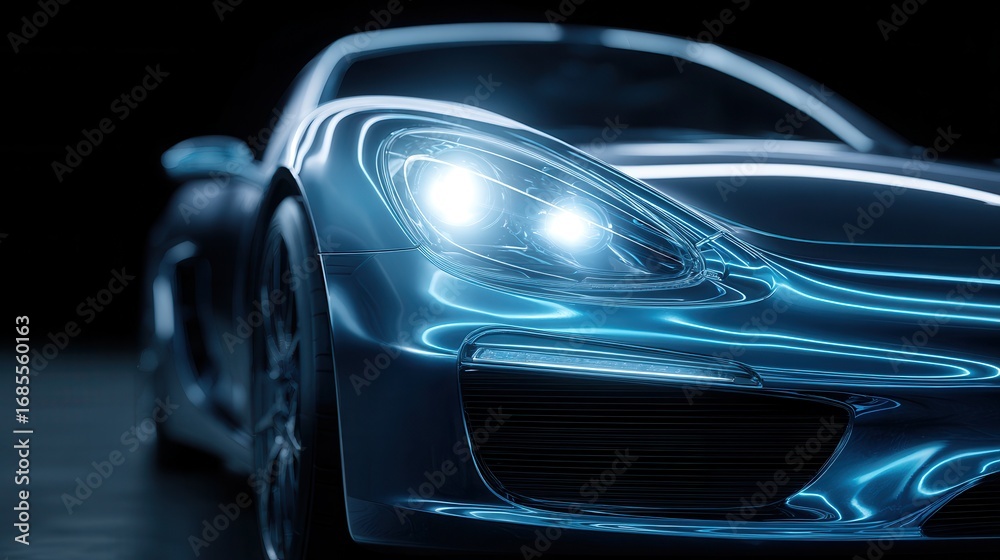 Sleek modern sports car with shiny blue glow and illuminated headlights.