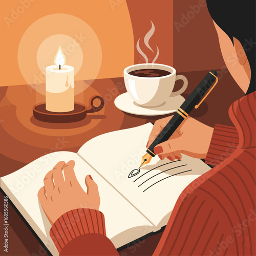 Woman writing in a journal by candlelight with a cup of coffee nearby, creating a cozy atmosphere.