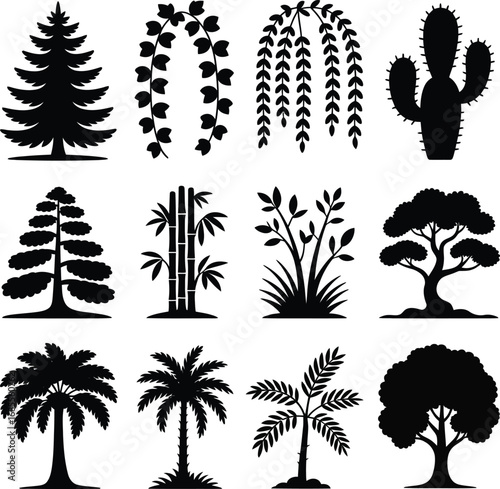 Black Silhouette Tree And Plant Icons Collection On White Background pine tree willow tree