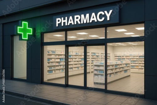 Clean contemporary pharmacy exterior with glass windows, green cross symbol, big Pharmacy sign, empty forecourt, daylight, healthcare retail concept