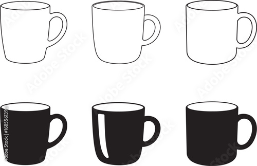 Six Coffee Mugs in Two Styles Black and White Illustration