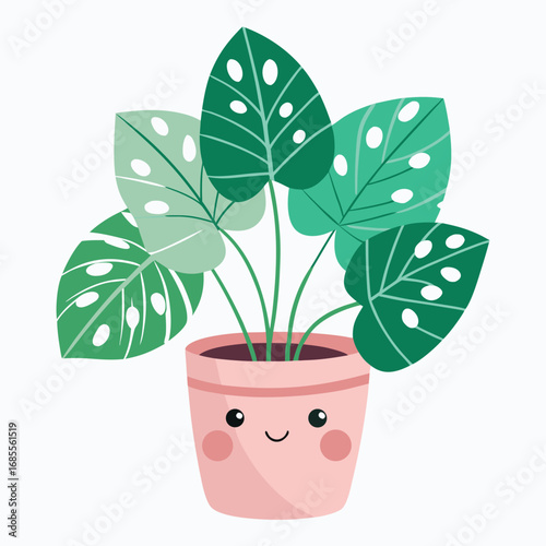 Isolated potted houseplant with lush green leaves and a single flower on a white background