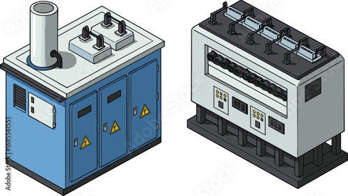 Vector illustration of industrial electrical control panels with power switches, circuit breakers, distribution units, safety warning signs, and modern energy management system design