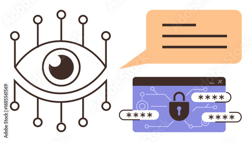 Eye with network lines, browser window with passwords and lock icon, and speech bubble convey cybersecurity. Ideal for technology, privacy, surveillance, data protection, hacking prevention