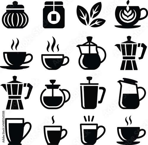 Coffee And Tea Icons Set With Cups Pots And Leaves vector illustration
