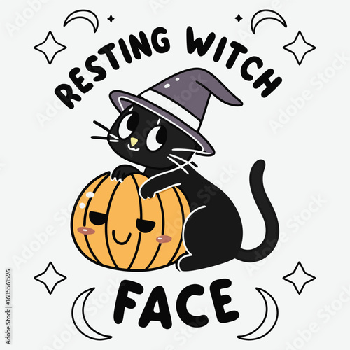 A cute black cat sits on a happy orange pumpkin, its witch hat askew, celebrating a spooky Halloween with a cartoon illustration