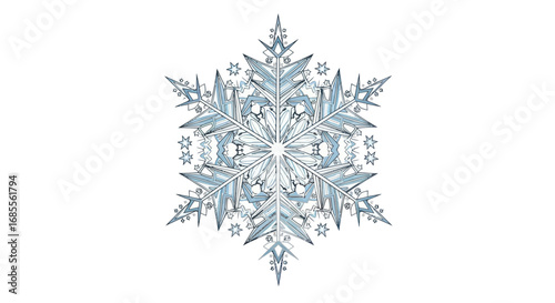 Intricate crystalline snowflake with six symmetrical arms.