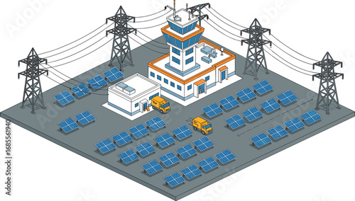 Vector illustration of solar power plant with photovoltaic panels, electricity transmission towers, renewable energy system, sustainable technology infrastructure, clean energy production, green