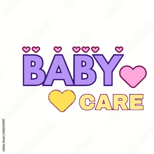 baby care text design with hearts and colorful stylized text