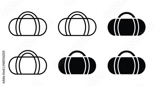 Six Stylish Duffel Bag Vector Icons: Outline, Filled, and Variations in Black and White for Website, App, and Branding Designs.