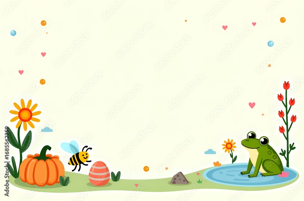 Fototapeta premium Cute Cartoon Border with Frog and Flowers