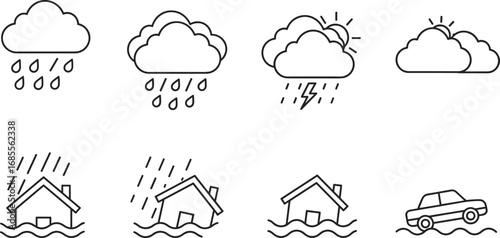 Vector illustration of flood disaster icons with rain clouds, thunderstorm, houses underwater, car flooding, weather warning, natural disaster emergency outline symbol set