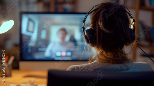 Woman engaged in video call wearing headset