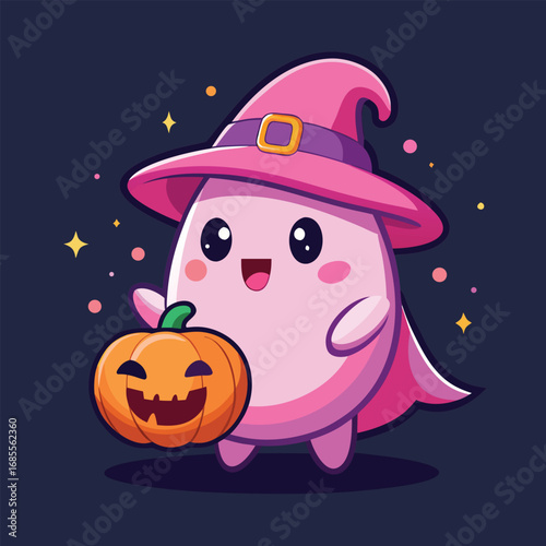 Spooky horror Halloween night with a scary pumpkin lantern, a black cat, and a witch's hat on an orange moonlit autumn vector illustration