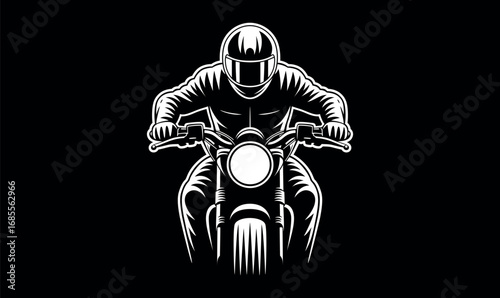 Motorcycle rider logo, bike riding, classic speeding silhouette with helmet, black and white vector illustration