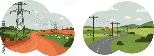 Vector illustration of rural electricity transmission towers, power poles, farmland landscape, cows grazing, countryside road, renewable energy distribution, infrastructure, agriculture and village 