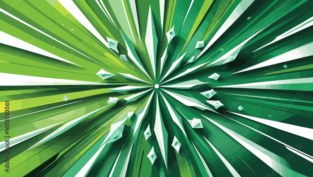 Fototapeta premium Abstract dynamic explosion of green shapes and crystals in a vibrant design