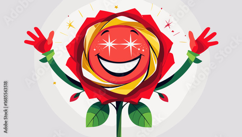 Cheerful cartoon rose character with a smiling face and outstretched arms