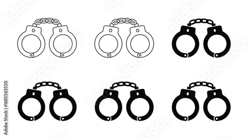Handcuff Icons:  Six Variations, Black and White Line Art, Simple Style, Security Concept, Law Enforcement Graphics, Arrest Symbol, Justice Theme, Criminal Justice Illustration, Vector Clipart.