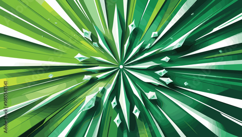 Abstract dynamic explosion of green shapes and crystals in a vibrant design