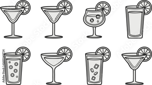 Collection of eight hand drawn cocktail glasses with citrus slices and ice cubes on white background