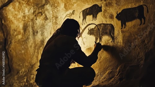 Silhouette of ancient caveman drawing animals on cave wall, neanderthal painting bison, concept of prehistoric art, early human civilization