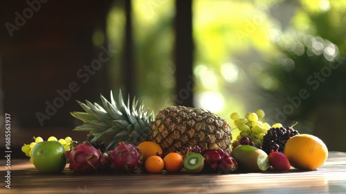 Fresh fruit composition on rustic background, suitable for nutrition guides or product packaging. © buter