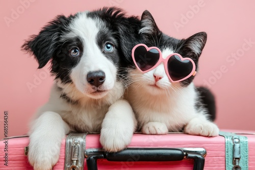 Cute dog and cat wearing sunglasses pose together on a pink suitcase in a playful studio setting