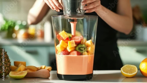 A person blending fruit and liquids together