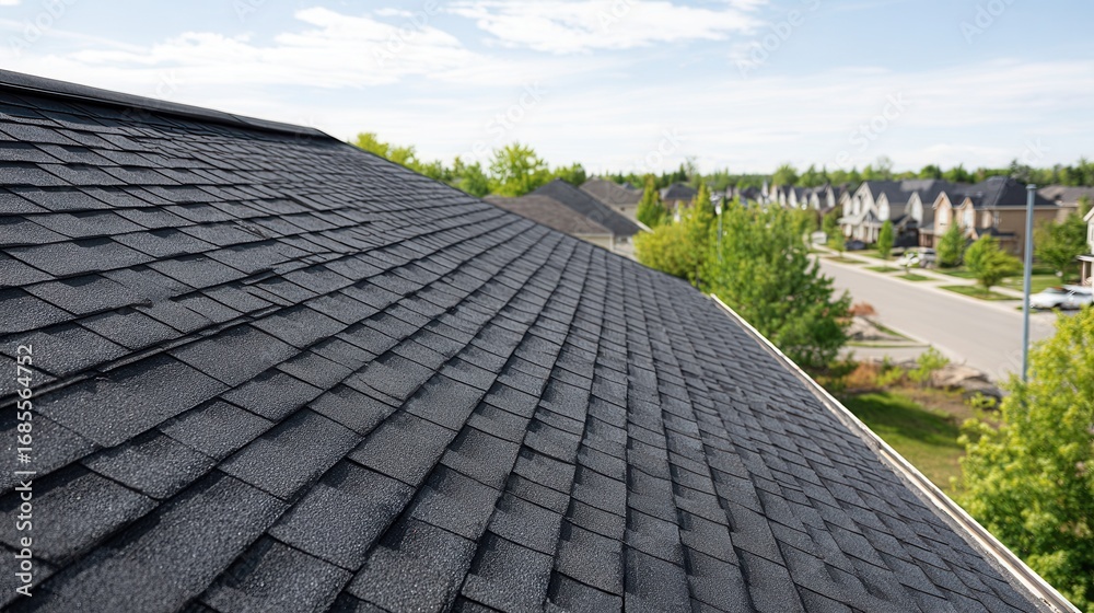 Fototapeta premium A close-up view of a black shingle roof on a residential home, showcasing the texture and design, with a suburban neighborhood in the background.