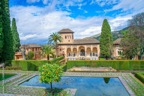 A stunning view of the Partal Gardens within the historic Alhambra complex. The serene pond, lush hedges, and beautiful Nasrid architecture create a perfect image.