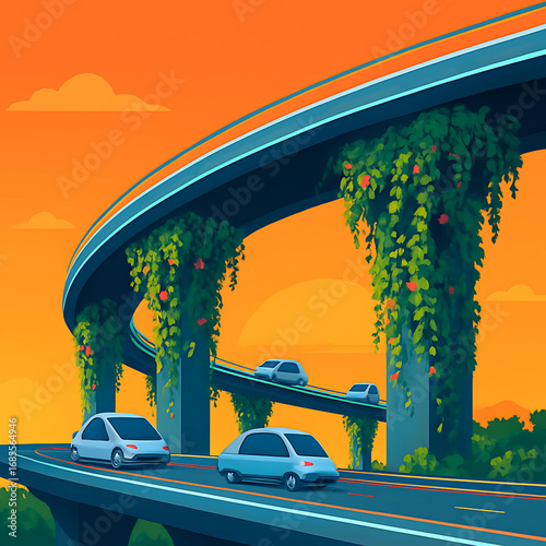 Futuristic Highway Overpass with Lush Greenery