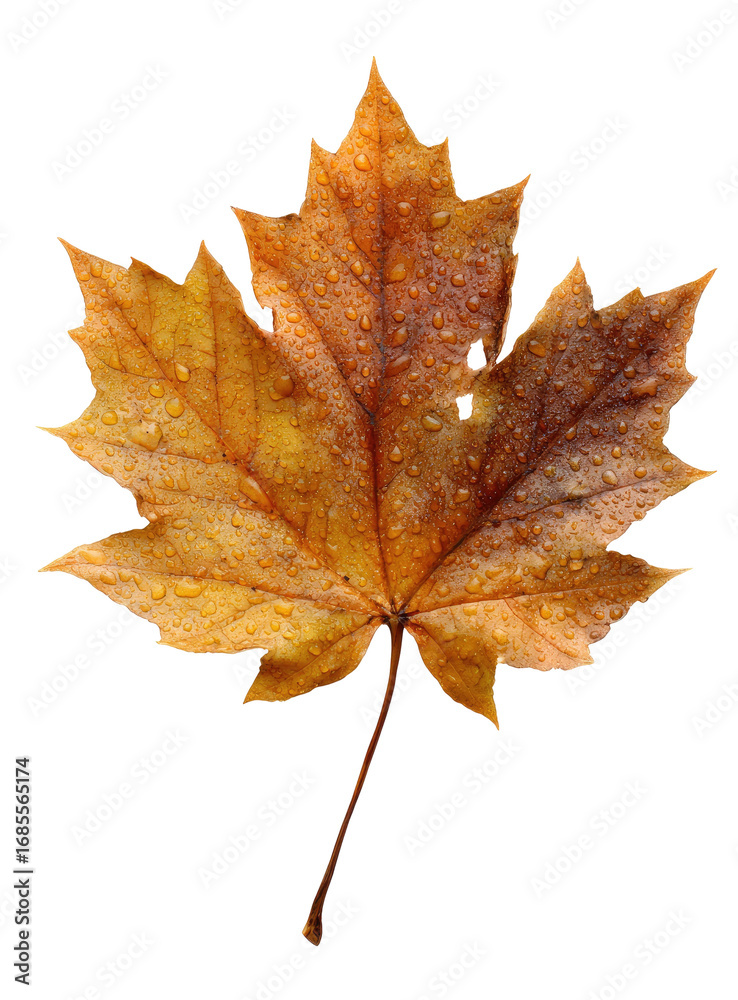 Obraz premium Close-up of a single, autumnal maple leaf. Water droplets cling to the vibrant orange-brown leaf. Sharp focus on leaf details