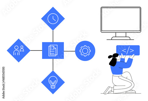 Flowchart featuring teamwork, clock, document, settings, and idea icons connected, paired with a coder debugging. Ideal for software, technology, teamwork planning coding process simple landing