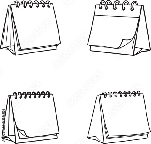 Four Desk Calendar Illustrations with Blank Pages in Black and White
