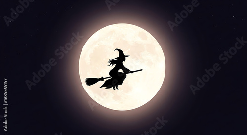 A witch flying on a broom in front of the full moon