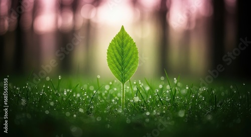 Fresh Green Leaf with Dew Drops on Grass in Morning Sunlight – Nature Growth and Renewal Concept