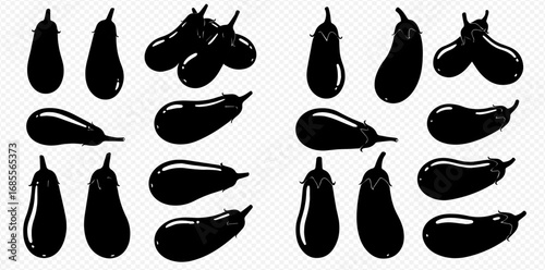 A collection of black eggplant silhouettes presented in various orientations and groupings against a transparent background.