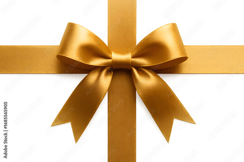 Fototapeta premium Elegant golden satin ribbon tied in a beautiful bow creating a festive gift wrap decoration isolated on transparent background