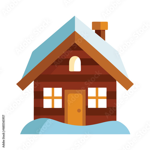 Cozy cabin with snow covered roof illustration for winter holidays